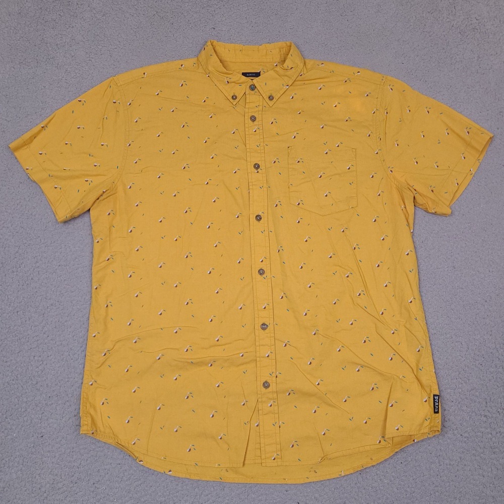 Prana Shirt Mens XL Yellow Slim Fit Cherry Print Short Sleeve Button Down‎